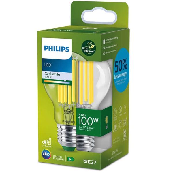 Bombilla LED 100W - 7,3W ultra eficiente A60 de Filamento E27 Etiqueta Energética Clase A | LeonLeds