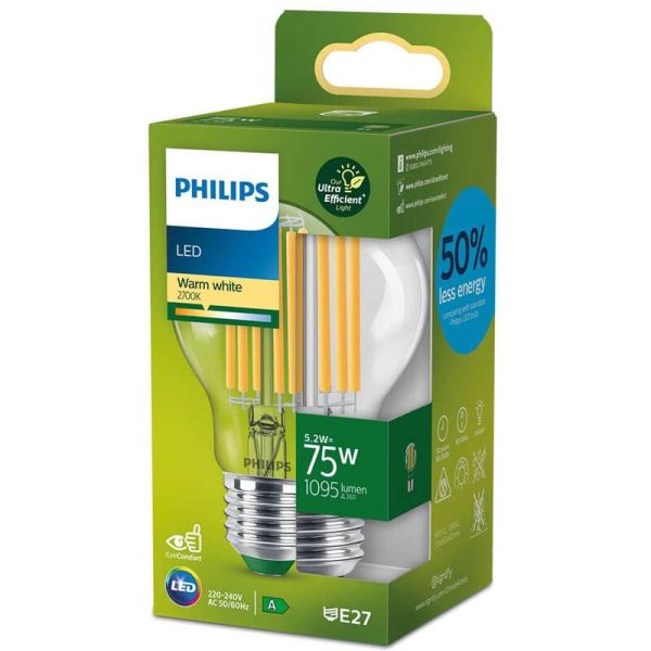 Bombilla LED A60 ultra eficiente 75W - 5,2W de Filamento E27 Etiqueta Energética Clase A Philips