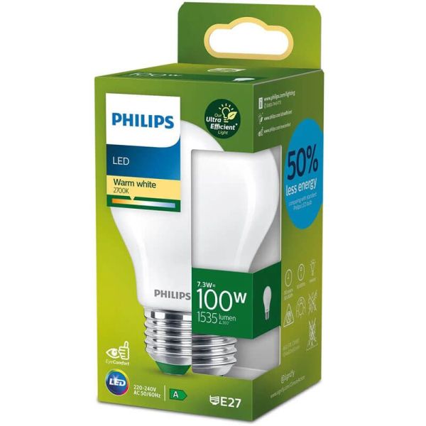 Bombilla LED 100W - 7,3W ultra eficiente A60 Opaca E27 Etiqueta Energética Clase A