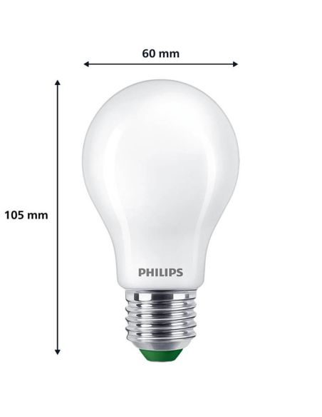Dimensões Lâmpada LED opaca A60 ultra eficiente 4W - 60W E27 Etiqueta energética Classe A Philips 4000k | LeonLeds