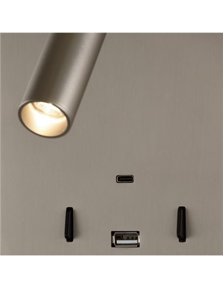 Aplique LED orientable MANAT con 2 Interruptores y USB y USBC, 12W 3000K 970lm + 3W 3000K 285lm