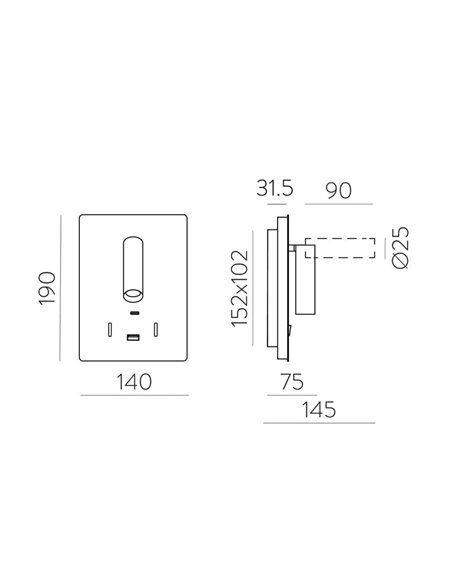 Applique LED orientable MANAT avec 2 interrupteurs et USB et USBC, 12W 3000K 970lm + 3W 3000K 285lm