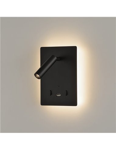 Aplique LED orientable MANAT con 2 Interruptores y USB y USBC, 12W 3000K 970lm + 3W 3000K 285lm