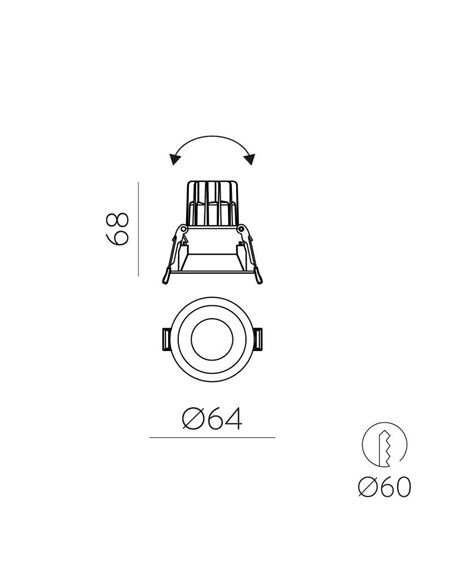 Downlight LED COB encastrable circulaire MOVE Ø6cm 5W blanc texturé/noir, 2700K 380lm/3000K 415lm, IP44/IP20
