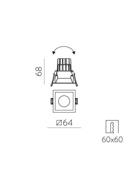 Downlight cuadrado LED COB Empotrable MOVE 6cm 5W blanco/negro texturado, 2700K 380lm/3000K 415lm, IP44/IP20