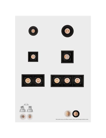 Downlight cuadrado LED COB Empotrable MOVE 6cm 5W blanco/negro texturado, 2700K 380lm/3000K 415lm, IP44/IP20