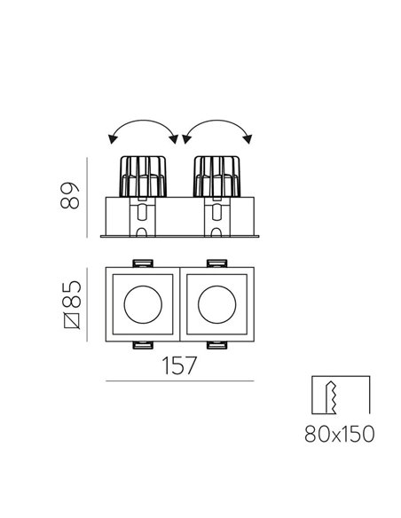 Downlight cuadrado LED COB x2 Empotrable MOVE 8 2x12W 2700K 2320lm/3000K 2520lm  IP44/IP20