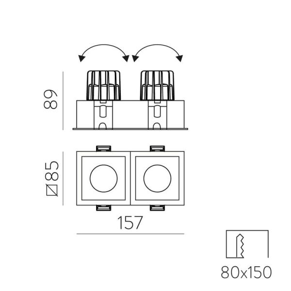 Downlight LED COB Carré x2 Encastrable MOVE 8 2x12W 2700K 2320lm/3000K 2520lm IP44/IP20