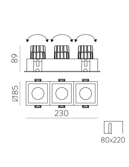 Downlight LED COB Quadrado x3 Embutida MOVE 8 3x12W 2700K 3480lm/3000K 3780lm IP44/IP20