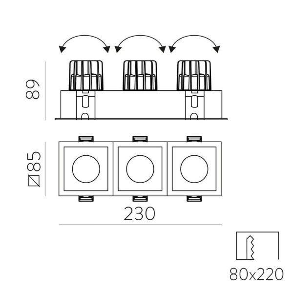 Downlight LED COB carré x3 Encastrable MOVE 8 3x12W 2700K 3480lm/3000K 3780lm IP44/IP20