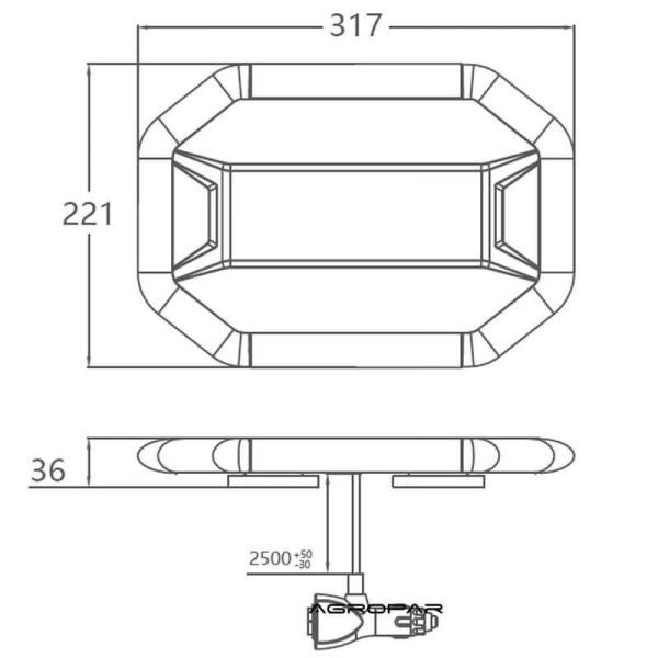 Dimensions du pont LED plat ambre avec connecteur allume-cigare NR65 TA1 Premium | LéonLeds