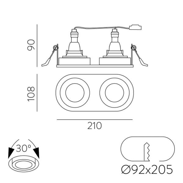 Aro Empotrable MUSCA Ø9,2x20,5cm Negro Texturado, para bombilla LED GU10 2x8W, CL.II 