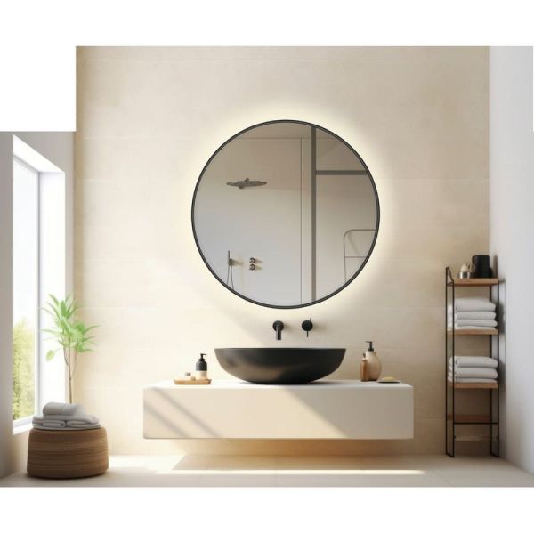 Miroir rond avec lumière LED 3000K, noir, au choix : Ø61cm (35W-2360lm) - Ø81cm (46W-3140lm) - Ø101cm (58W-3930lm), IP44