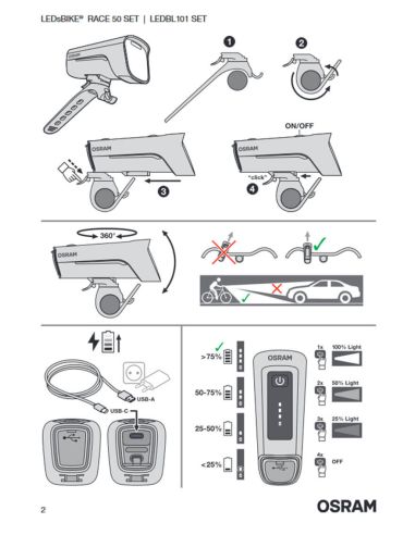 Set Linterna de bicicleta Delantera y Trasera Recargable LEDsBIKE® RACE 50 SET osram | LeonLeds