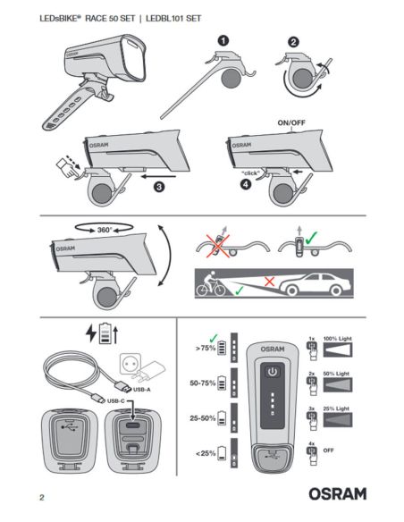 Ensemble de lampes de poche rechargeables pour vélo avant et arrière LEDsBIKE® RACE 50 SET osram | LéonLeds