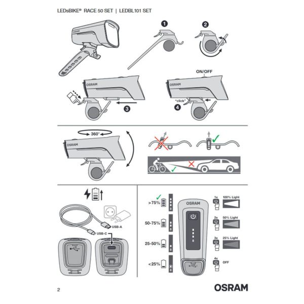 Conjunto de lanterna recarregável dianteira e traseira para bicicleta LEDsBIKE® RACE 50 SET osram | LeonLeds