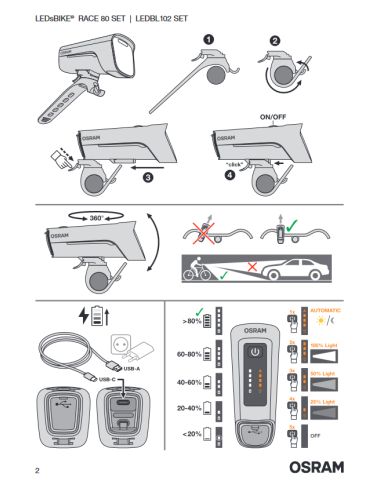 Ensemble d'éclairage de vélo LEDsBIKE® RACE 80 - 80 Lux, plusieurs modes et 13 heures d'autonomieLEDBL102 SET
