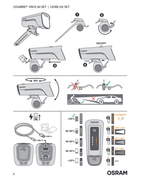 Set de Luces para Bicicleta LEDsBIKE® RACE 80 - 80 Lux, Modos Múltiples y 13 Horas de AutonomíaLEDBL102 SET