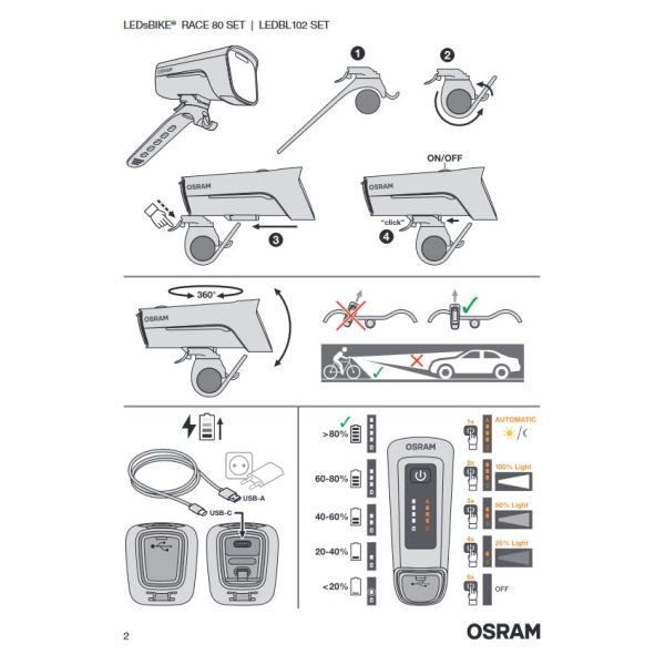 Conjunto de luzes para bicicleta LEDsBIKE® RACE 80 - 80 Lux, vários modos e 13 horas de autonomiaLEDBL102 SET