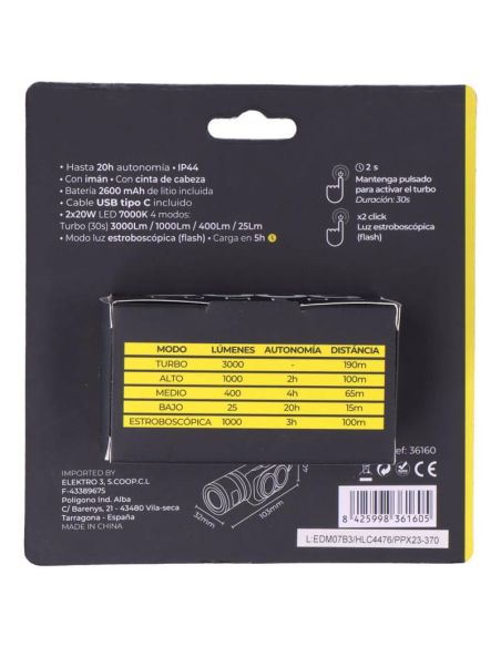 Linterna Frontal LED 3.000Lm Recargable – Alta Potencia, Autonomía 20H, Ideal para Aventura y Trabajo