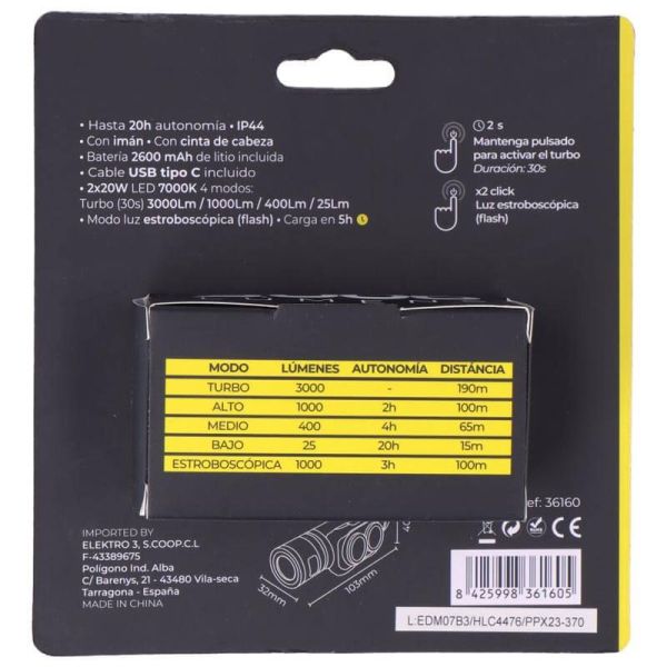 Linterna Frontal LED 3.000Lm Recargable – Alta Potencia, Autonomía 20H, Ideal para Aventura y Trabajo