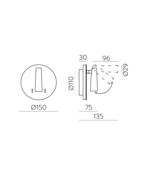 Luminária de parede LED PANAU com foco ajustável e luz indireta, 6W 3000K 540lm + 3W 3000K 285lm, dois interruptores, branca.