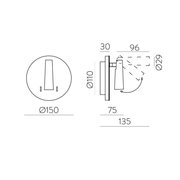 Aplique LED com foco ajustável e luz indireta PANAU, LED 6W 3000K 540lm + 3W 3000K 285lm, Dois interruptores Branco azul-petróle