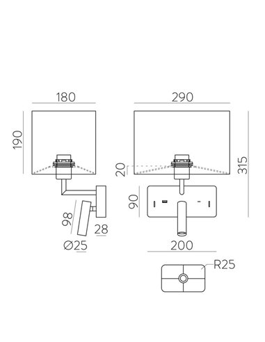 Aplique para dormitorio ROMEO, 2 Interruptores LED 3W 3000K 285lm + LED E27 15W, orientable, con USB y USBC Negro/Niquel Mate
