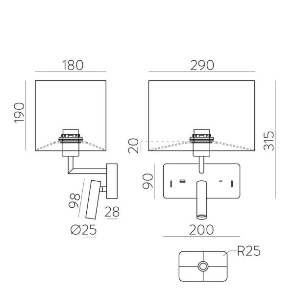 Aplique para dormitorio ROMEO, 2 Interruptores LED 3W 3000K 285lm + LED E27 15W, orientable, con USB y USBC Negro/Niquel Mate