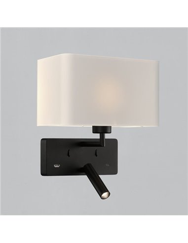 Aplique para dormitorio con 2 Interruptores, LED 3W 3000K 285lm + LED E27 15W, orientable, con USB y USBC Negro/Niquel Mate