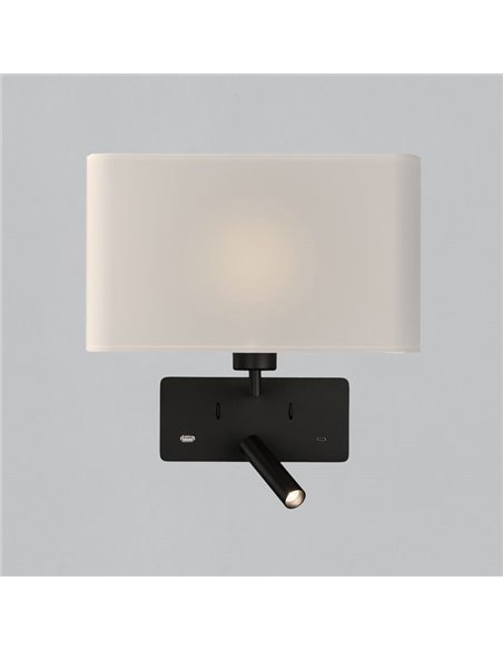 Aplique para dormitorio con 2 Interruptores, LED 3W 3000K 285lm + LED E27 15W, orientable, con USB y USBC Negro/Niquel Mate