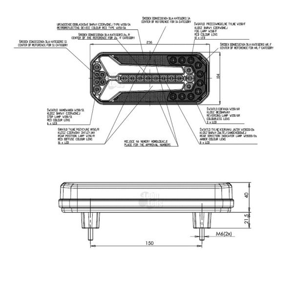Lanterna traseira LED para instalação horizontal ou vertical com 6 funções 12 / 24V luz inferior da placa