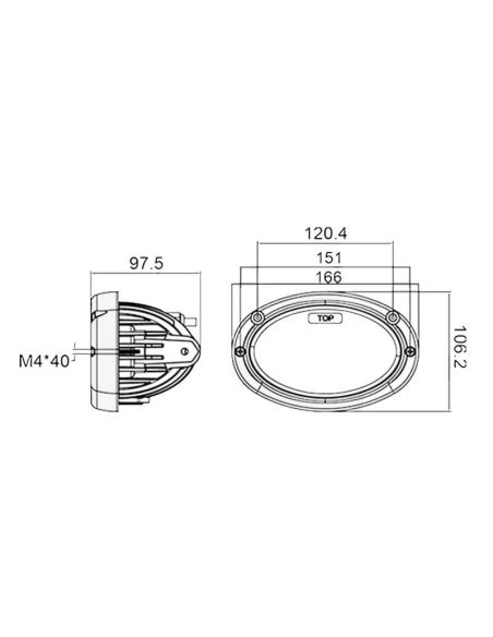 Medidas Faro LED ovalado empotrable con Luz de Cruce Luz y Carretera Case, New Holland Steyr