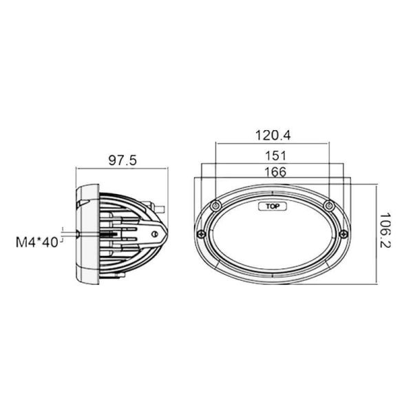 Medidas Farol LED oval embutido com farol baixo e farol alto Caixa, New Holland Steyr