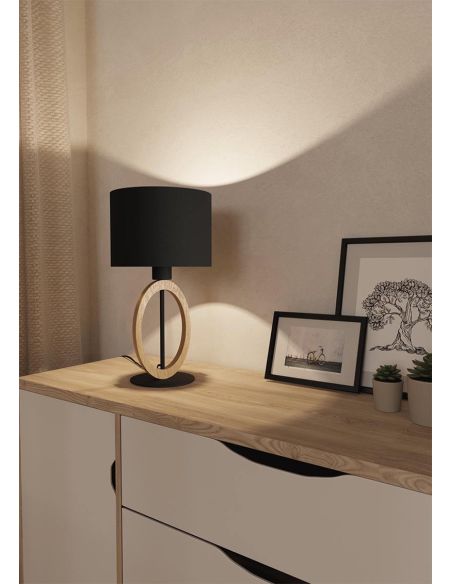 Lámpara de Mesa BASILDON 1 - Diseño Minimalista en Acero y Madera H: 425 mm | Ø 230 mm