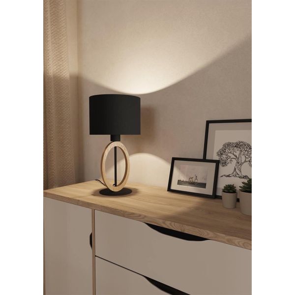 Lámpara de Mesa BASILDON 1 - Diseño Minimalista en Acero y Madera H: 425 mm | Ø 230 mm