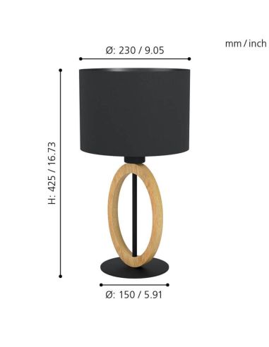 Dimensions Lampe de Table BASILDON 1 - Design Minimaliste en Acier et Bois H: 425 mm | Ø 230mm
