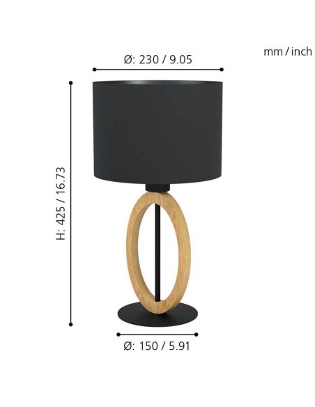 Dimensions Lampe de Table BASILDON 1 - Design Minimaliste en Acier et Bois H: 425 mm | Ø 230mm