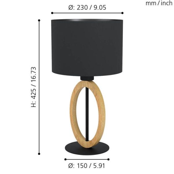 Dimensions Lampe de Table BASILDON 1 - Design Minimaliste en Acier et Bois H: 425 mm | Ø 230mm