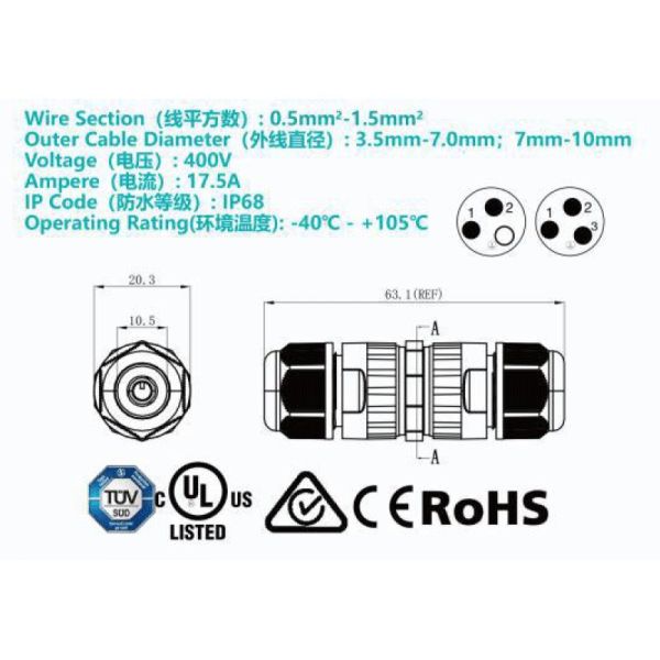Accesorio: CONEXIÓN IP68 Negro OUTDOOR PARTS 3 POLOS/3 POLE T-SPLITTER