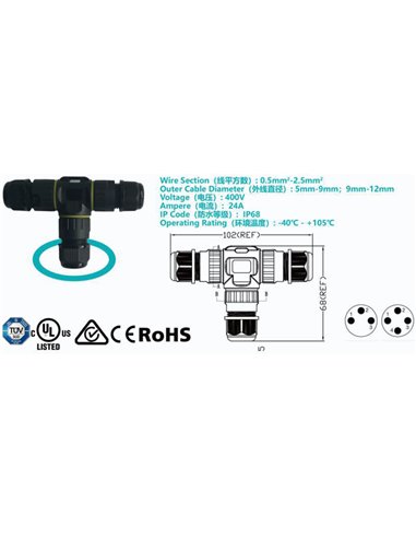 Acessório: CONEXÃO IP68 Preto PEÇAS EXTERIORES 3 PÓLOS/3 PÓLOS T-SPLITTER