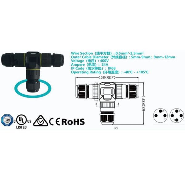 Accessoire : CONNEXION IP68 Noir PIÈCES EXTÉRIEURES 3 PÔLES/3 PÔLES T-SPLITTER