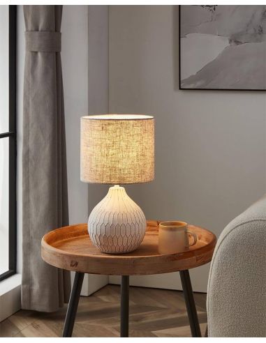 Lámpara de Sobremesa BELLARIVA 3 | Cerámica Blanco / Textil Lino Café Claro 36Cm