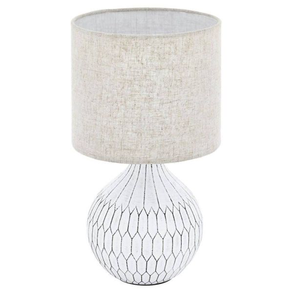 Lámpara de Sobremesa BELLARIVA 3 | Cerámica Blanco / Textil Lino Café Claro 36Cm