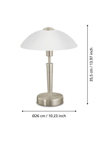 Dimensões SOLO 1 Candeeiro de mesa em níquel fosco e vidro branco acetinado 35 cm de altura 85104