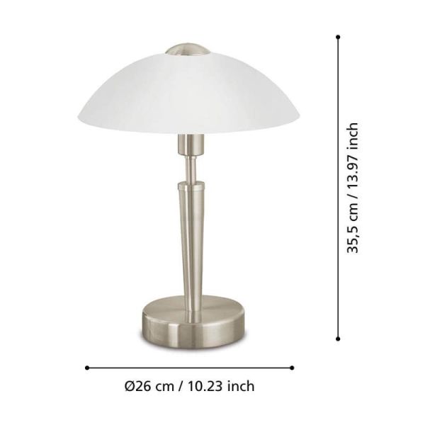 Dimensiones Lámpara de Mesa SOLO 1 en Níquel-Mate y Vidrio Blanco Satinado 35Cm Altura 85104