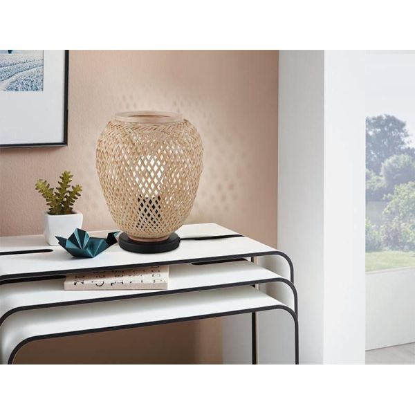 DEMBLEBY Lampe de Table Noir et Bois Naturel - Touche Naturelle et Vintage 25Cm