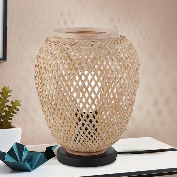 DEMBLEBY Lampe de Table Noir et Bois Naturel - Touche Naturelle et Vintage 25Cm