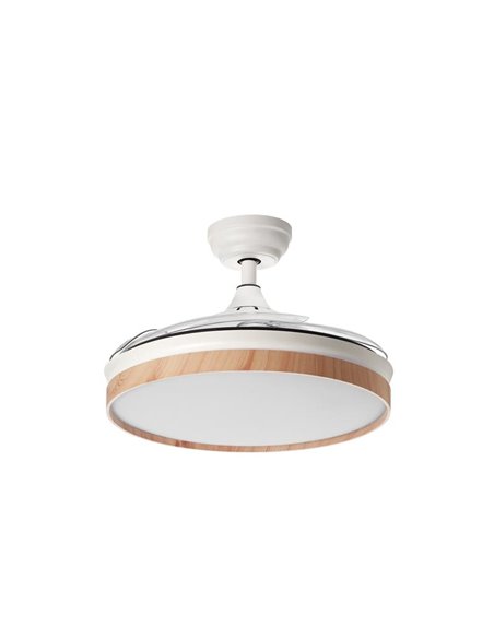 Ventilador de Techo LED BLANES blanco+madera Ø107mm DC 32W 4A 36W CCT+RC+dim con aspas retráctiles