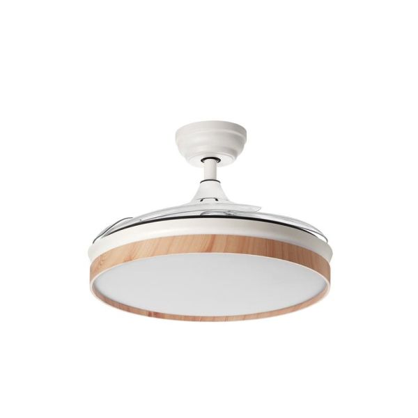 Ventilador de Techo LED BLANES blanco+madera Ø107mm DC 32W 4A 36W CCT+RC+dim con aspas retráctiles